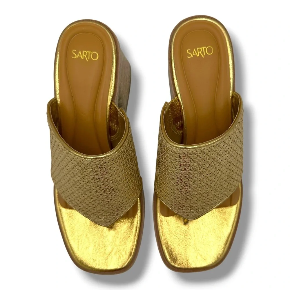 Sarto by Franco Sarto Ferrara2 Gold‎ Metallic Espadrille Block Heel Sandals 8.5M